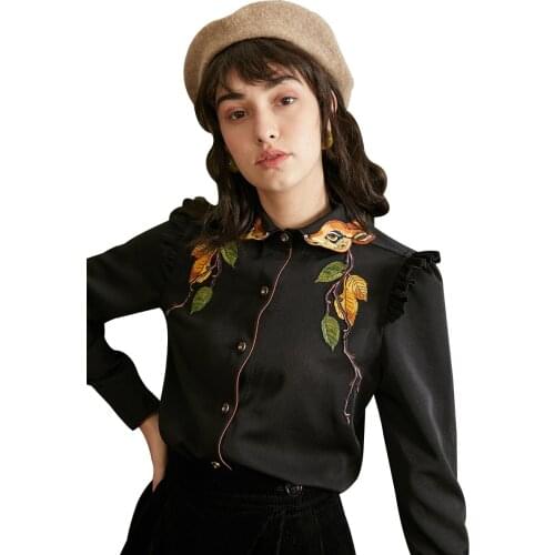2021 Autumn and Winter Women Vintage Fawn Embroidery Ruffle Shirt