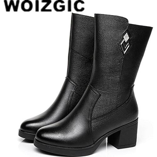 DONGNANFENG Womens Mother Ladies Woman Mid Calf Genuine Leather Shoes Boots Bling Zipper Warm Winter Fur Plush Plus Size 35-42