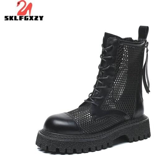 2021 New Summer Style Genuine Leather Women Martin Mesh Boots Sandals Cowhide Breathable Locomotive Shoes Black Ankle Boots
