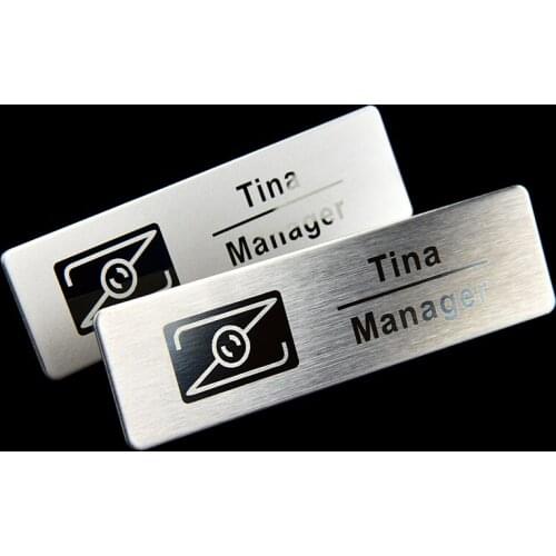 10pcs personalized name badge holder with laser stainless steel plate name tag with magnet or pin