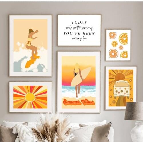 Abstract Boho Surf Girl Sea Sun Beach Van Wall Art Canvas Painting Nordic Posters And Prints Wall Pictures For Living Room Decor