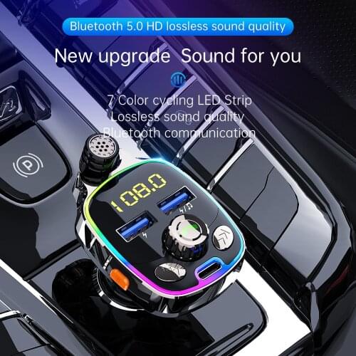 New BC08 Car Bluetooth 5.0 FM Transmitter Hands-Free Call MP3 Player Wireless Radio Adapter Car Charger LED Striped Car Kit