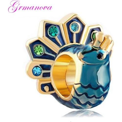 Blue enamel peacock open screen gold charm beads handmade DIY jewelry accessories amulet Fit Pandora Bracelet Necklace