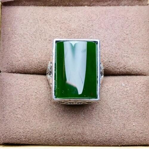 Free shipping Natural Hetian Jade Man Ring 925 sterling silver Wholesales Fine jewelry 13*18mm gem
