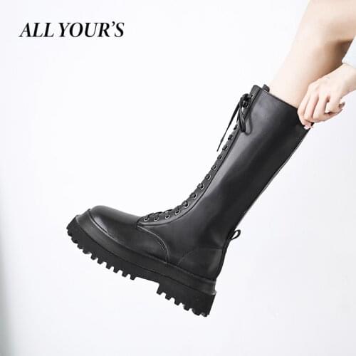 2021 New Fashion Knee-High Boots For Women Autumn Lace-Up Chunky Boots Casual Round Combat Martin Boots Platform Ladies Shoes