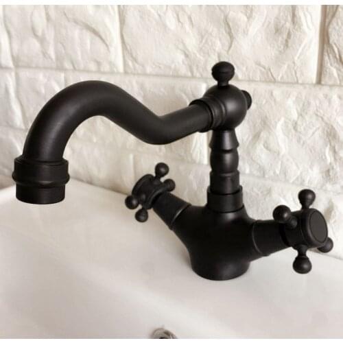 Black Oil Rubbed Brass Dual Cross Handles One Hole Bathroom Kitchen Basin Sink Faucet Mixer Tap Swivel Spout Deck Mounted mnf346