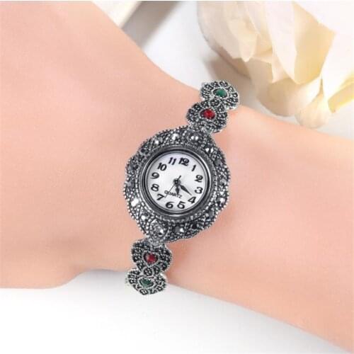 Fast Tracked Girls Ancient Silver Bracelet Jewelry Female Red Crystal Heart Quartz Watch Women Hand Accessories Ladies Watch