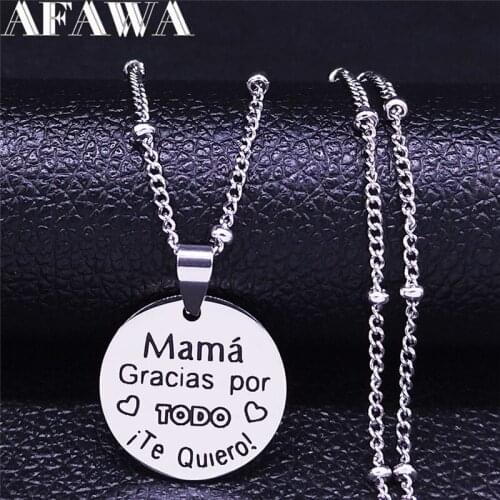 Mama Stainless Steel Silver Color Spanish Mom Small Round Charm Necklace Women Jewelry joyeria acero inoxidable N1831S01