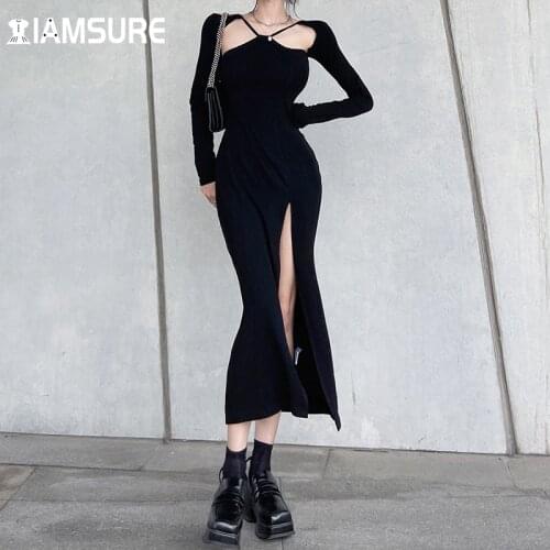 IAMSURE Clubwear Criss-Cross Split Bodycon Dreess Sexy Slim Solid Long Sleeve Maxi Dresses For Women 2021 Korean Style Ladies