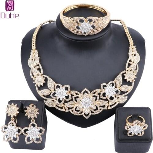 Dubai Gold Color Bridal Flower Crystal Jewelry Sets For Women Wedding Choker Necklace Bangle Ring Earring Gift Jewelry Set
