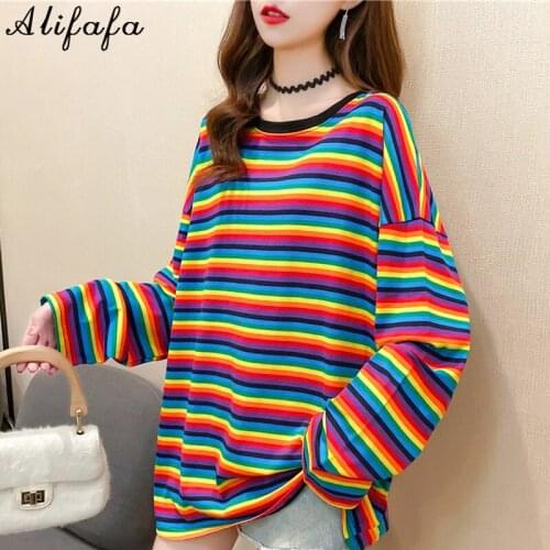 Fashion Women rainbow Striped Oversize T shirt autumn long Sleeve Loose T-shirts Female Casual Tops korean Streetwear long Tees