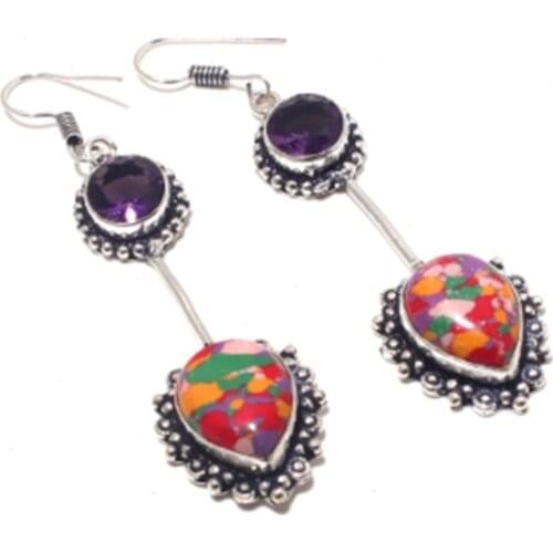 Mosaic Jaspers, Silver Overlay on Copper Earrings ,70 mm , FRE0020