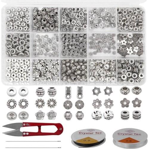 Jewelry Making Kit, 600 Pcs 15 Style Tibetan Spacer Beads with 2 Crystal Cable 1 Scissor for DIY Jewelry Craft Making