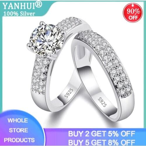 YANHUI 100% original 925 sterling silver Real zircon wedding ring set for women men engagement Jewelry band eternity gift J0135