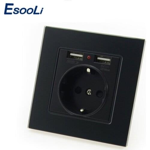 Esooli Black Luxury Glass Panel Wall Power Socket 16A EU Electrical Outlet With 2.1 A Dual USB Socket Charger Port for Mobile