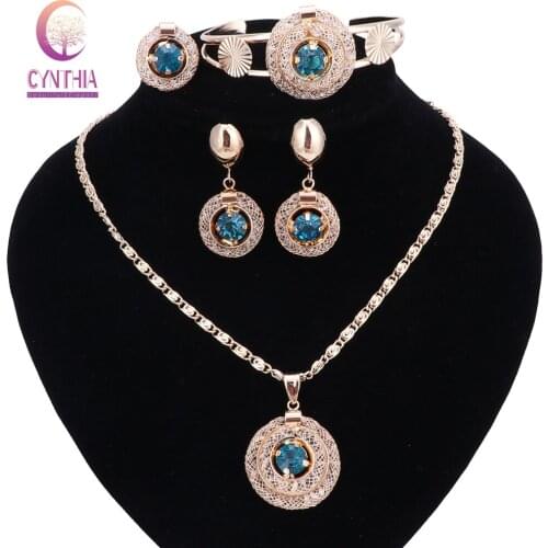 New Bridal Red/Blue/Black Crystal Jewelry Sets Wedding Accessories Gold Color African Beads Costume Necklace Earring Bangle Ring