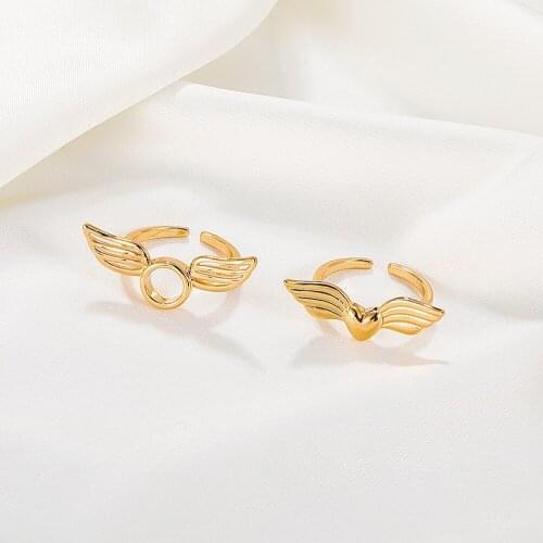 Origin Summer Fairy Gold Color Angel Wings Ring for Women Girls Circle Hollow Metallic Love Heart Index Finger Ring Jewelry