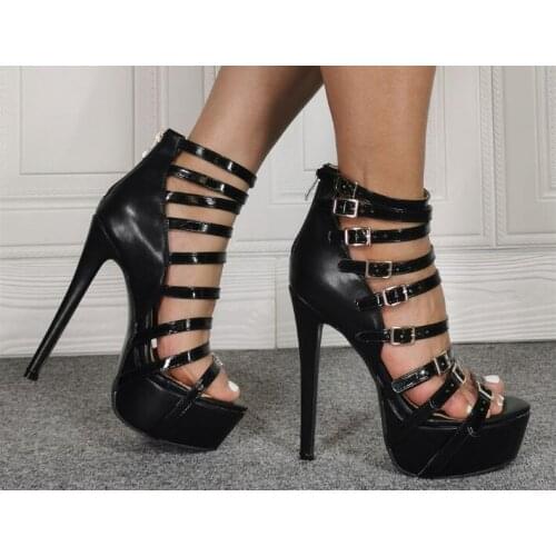 Drop Shipping Black Matte Leather Narrow Bands Cage Hollow Out Platform Ankle Boots Woman Cover Heel Zip Short Booties Shoes