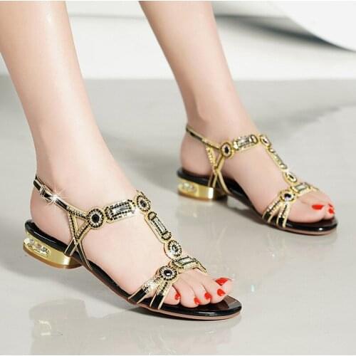 Women Green Blue Gold Rhinestone Sandals T-strap Square Heel 2.5cm Low-heeled Sandals Party Shoes Back Buckle Big Size