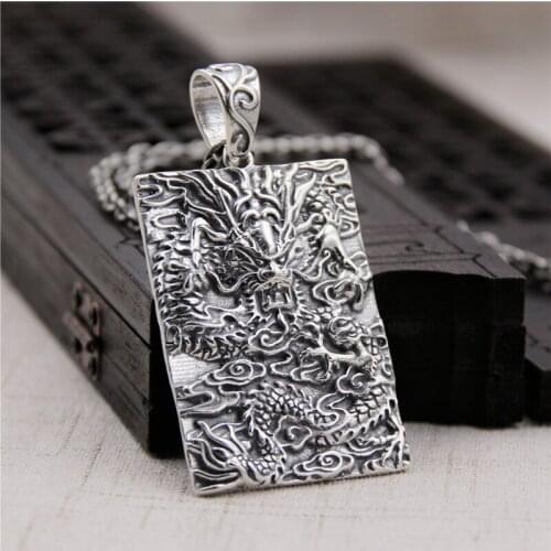 Silverware S925 Sterling Silver Retro Thai Silver Domineering Personality Pendant Chinese Dragon Tag Pendant