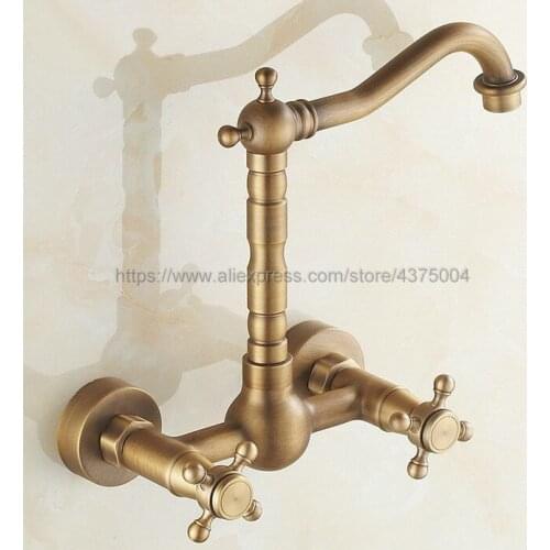 Bathroom Faucet Antique Brass Kitchen Mixer Tap Faucet Wall Mounted Dual Cross Handles Hot and Cold Taps Nnf257