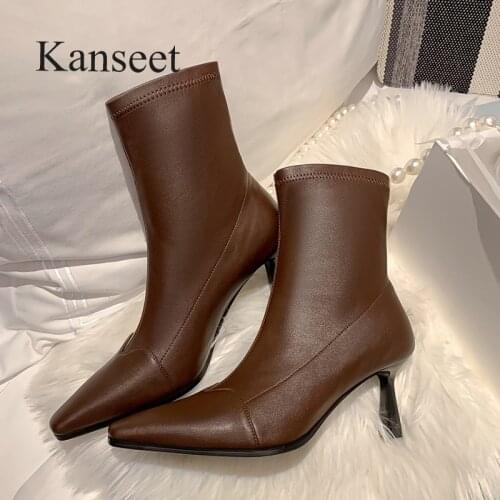 Kanseet Concise Square Toe Female Short Boots 2021 Autumn Winter Fashion Brown Thin High Heels Slim Women Ankle Boots Size 40
