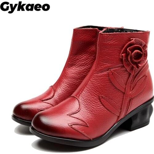 Gykaeo 2020 Female Warm Boots Lady Genuine Leather Winter Shoes for Women Handmade Short Plush Ankle Boots Woman Sapato Feminino