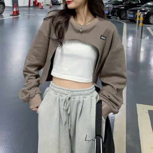 Short Sweatshirts Women Autumn Long Sleeve Black White Sweatshirt Crop Top Jacket Jumper Pullover Streetwear Tops Clubwear