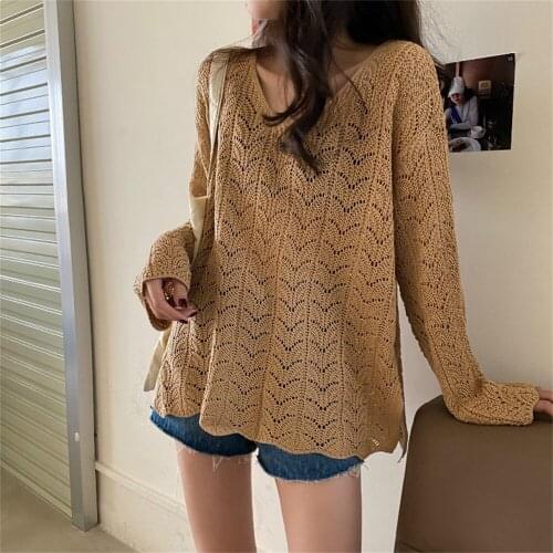 2021 Knitted Pullover Loose Sweaters Tops Hollow Out V-Neck Sunscreen Autumn Chic Casual Woman All Match Stylish