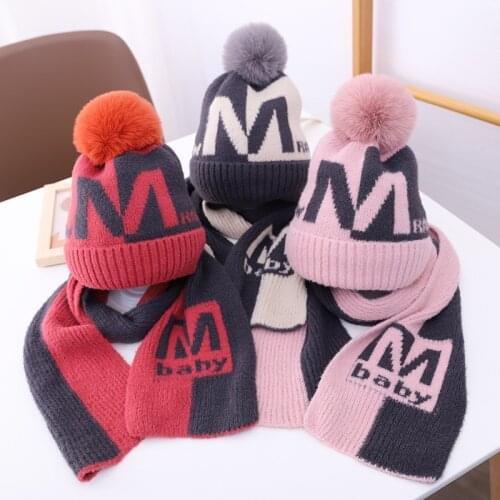Doitbest 2 to 6 years old winter beanie for kids boys fur ball big M Letter Knit hats 2020 winter 2 pcs boy girl hat scarf set
