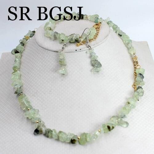 Free Shipping 6-8mm Prehnite Natural Gems Green Stone Women Chockers Necklace Bracelet Earrings Jewelry Set 17.5" 7-8"