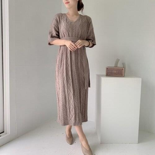 Elegant Fall Winter Thick Knitted 2 Piece Set Women Twist Long Cardigan Sweater Coat+ Half Sleeve Knitted Dress Suit Ensemble