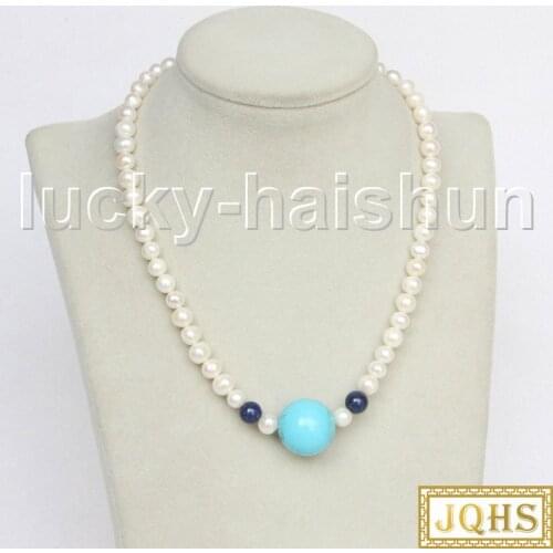 JQHS 17" 20mm round white freshwater pearls turquoises Beaded Strand necklace j11562
