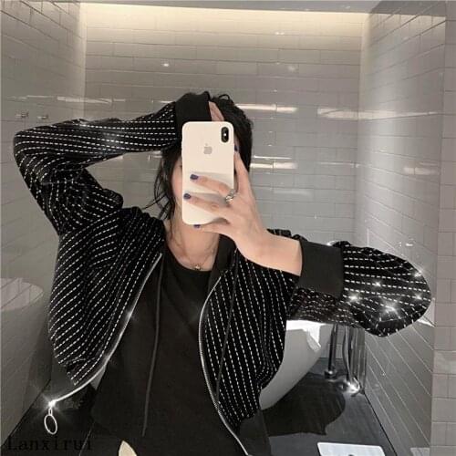 Women black Jackets autumn black Zipper Pockets Bling Sequins Outwear Slim Streetwear Coats Festival Costumes