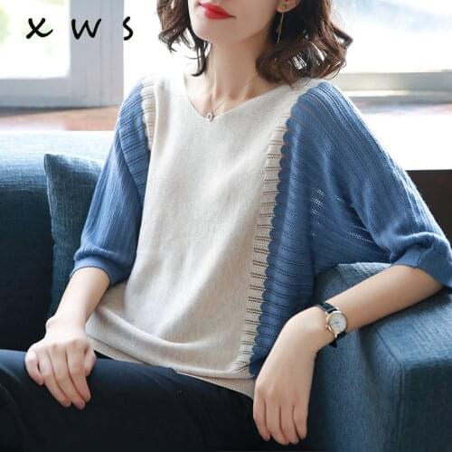 Summer v-neck batwing sleeve sexy hollow out sweater female 2021 fashion patchwork loose casual knit sweater women pullover