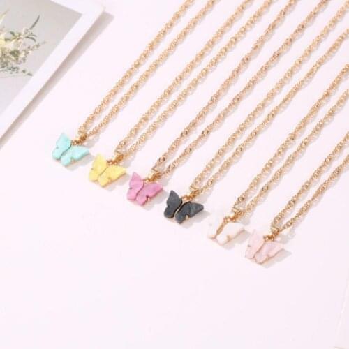 HOT SALES!!!Acrylic Women Sweet Solid Color Rhinestone Butterfly Pendant Chain Necklace Gift Rhinestones Decor Butterfly Pendant