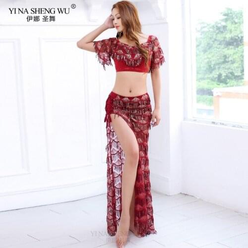 New Woman Sexy Belly Dance Costume Set 2pcs Sequins Top Skirt Hip Scarf Belt Oriental Dance Long Skirt Suits Performance Wear