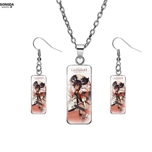 Genshin Impact Earrings Necklace Set Anime Cartoon Figure Fashion Jewellery Set Role of Collection for Otaku Boy Girl Fans Gifts