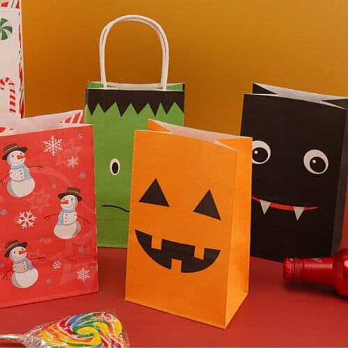 5Pcs Halloween Holiday Gift Bag Kraft Paper Bag Creative Gift Bag Bat Pumpkin Ghost Loaded Candy Portable Paper Bag