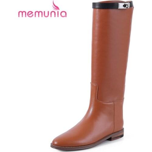 MEMUNIA Cowhide Leather Boots Square Heels Buckle Knee High Boots Office Lady Top Quality Female Boots Winter Fashion Boots