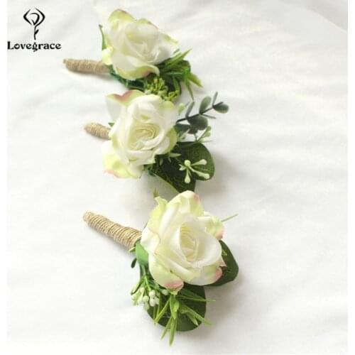 Wedding Corsage Bracelet Bridesmaids White Artificial Flowers Wedding Groom Boutonniere Silk Rose Flowers Brooch Marriage Pins