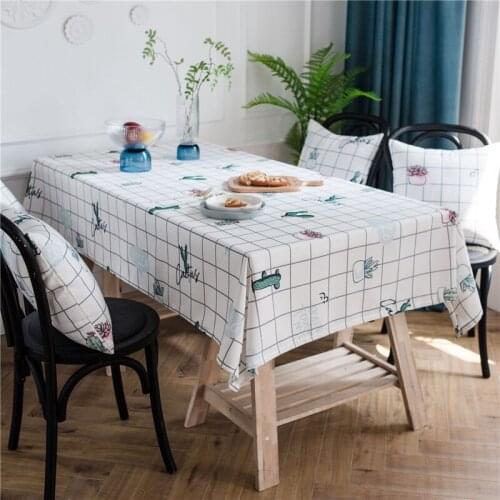 Waterproof Polyester Tablecloth White Plaid Cactus Printed Table Cloth Cover Rectangular Household