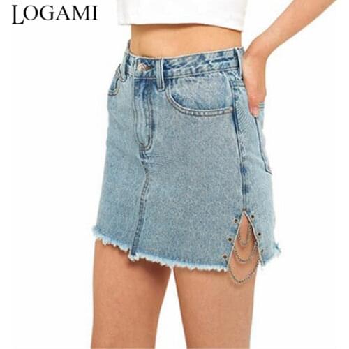 LOGAMI High Waist Split A Line Skirt Women Chain Wrap Skirts Womens Summer Mini Skirt 2020