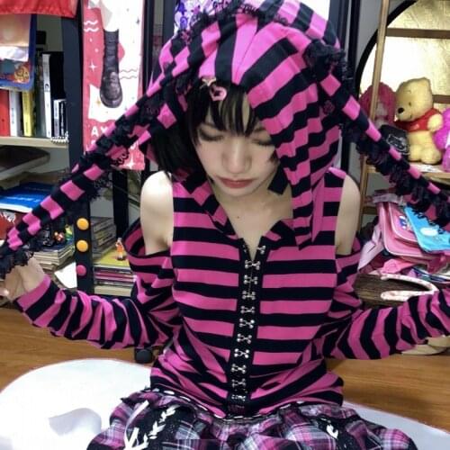 Pink Black Striped Hoodie 2021 Harajuku Hot Girl Pink T-shirts Japanese Sweet Print Long Sleeve Women Ears Hooded Gothic Punk
