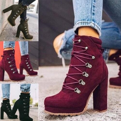 Women Rivet Square High Heels Ankle Boots Female Autumn Fashion Lace Up Solid Rome Shoes Ladies Elegant Sexy Footwear Plus Size