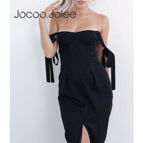 Jocoo Jolee Women Lace Up Split Backless Off Shoulder Summer Sexy Sleeveless Solid Bandage Skinny Elegant Party Long Dress Club