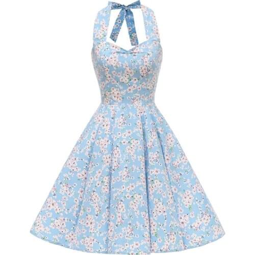 New Summer Floral Dress 2021 Women Halter Sexy Backless Cotton Large Swing Retro Rockabilly Vintage Dresses VD0744