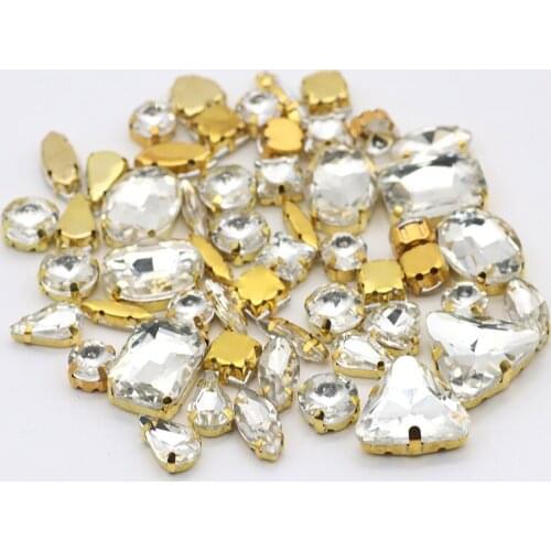 20pcs Mix color Mix Shape Sew on Rhinestone With Gold Claw Glass Strass Colorful Sewing Stones for Wedding Dress Clothing Deco