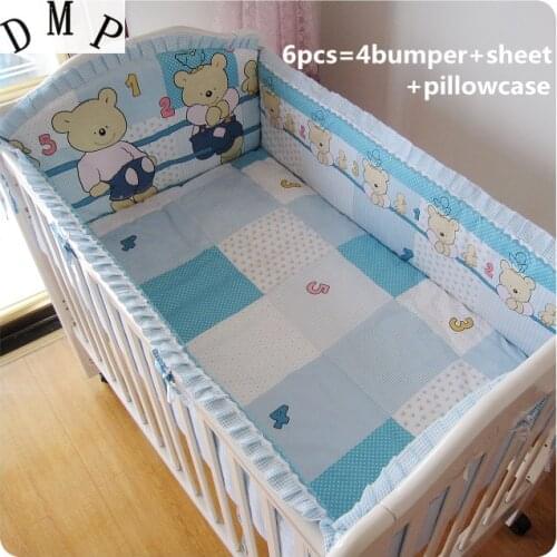 Promotion! 6PCS Bear Baby crib bedding set,Baby Cot Bumper Baby Bed For Kids Baby Bedding Sets (bumpers+sheet+pillow cover)