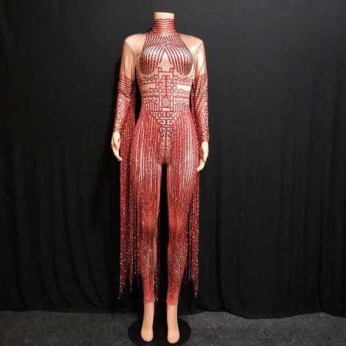 Sparkly red Rhinestones Jumpsuit Female Singer Stage Wear Long Tassel Bodysuit One-piece Costume Glisten Stones Stretch Outfit